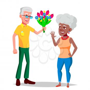 Elderly Couple Vector. Modern Grandparents. Elderly Family. Grey-haired Characters. Black, Afro American, European. Isolated Flat Cartoon Illustration