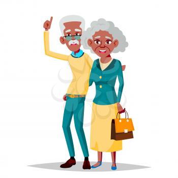 Elderly Couple Vector. Grandfather And Grandmother. Silver Hair. Senior Lady And Gentleman. Black, Afro American. Isolated Flat Cartoon Illustration