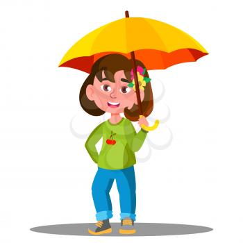 Cheerful Child With Yellow Umbrella In The Rain Vector. Illustration