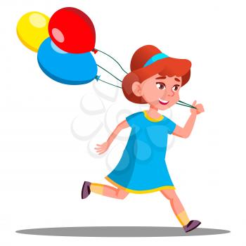 Little Girl Running With Colored Balloon Vector. Illustration