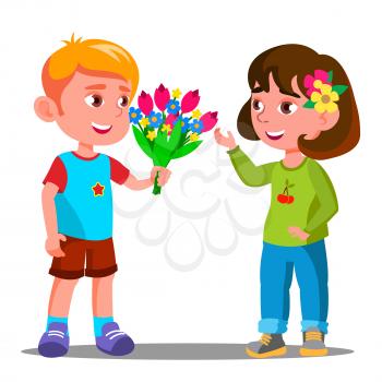 Little Boy Gives The Flowers To The Little Girl Vector. Illustration