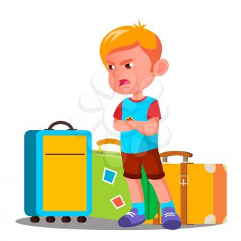 Angry Little Boy Is Crying Near Travel Bags Vector. Illustration