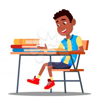Little Pupil At A Desk Reading Book In The Classroom Vector. Black, Afro American. Illustration