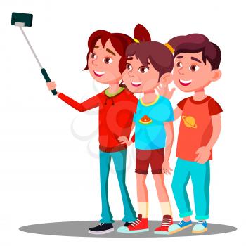 Group Of Children Make A Selfie Picture On Mobile Phone Vector. Illustration