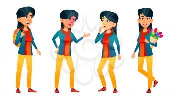 Asian Teen Girl Poses Set Vector. Adult People. Casual. For Advertisement, Greeting, Announcement Design. Isolated Cartoon Illustration