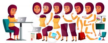 Teen Girl Vector. Arab, Muslim. Animation Creation Set. Face Emotions, Gestures. Caucasian, Positive. Animated For Banner Flyer Web Design Isolated Illustration