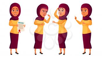 Teen Girl Poses Set Vector. Arab, Muslim. Leisure, Smile. For Web, Brochure, Poster Design Isolated Cartoon Illustration