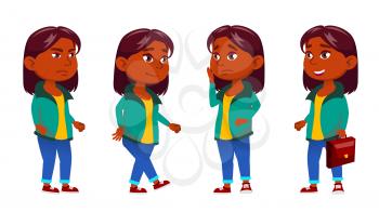Girl Kid Poses Set Vector. Indian, Hindu. Asian. Primary School Child. Active, Joy, Leisure. For Advertisement Announcement Design Isolated Illustration