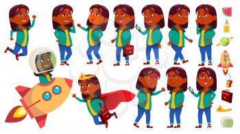 Girl Kid Poses Set Vector. Indian, Hindu. Asian. Primary School Child. Idea, Startup, Solution. Future. Expression Happy Childhood Positive Person Flyer Brochure Design Illustration