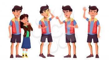 Asian Teen Boy Poses Set Vector. Activity, Beautiful. Girlfriend In Love. For Cover, Placard Design. Isolated Illustration