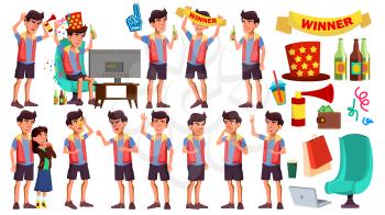 Asian Teen Boy Poses Set Vector. Leisure, Smile. Lifesstyle. Watching Sport Match With Beer. For Web, Brochure, Poster Design. Isolated Illustration