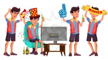 Asian Teen Boy Sport Fan Set Vector. Have Fun. Watching Sport Match. Competition. Beer. Life. For Presentation, Invitation, Card Design. Isolated Illustration