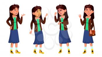 Asian Teen Girl Emotions, Poses Set Vector. Activity, Beautiful. For Postcard, Cover, Placard Design Isolated Illustration