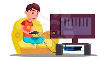 Little Boy Playing Video Games On The Couch Vector. Illustration