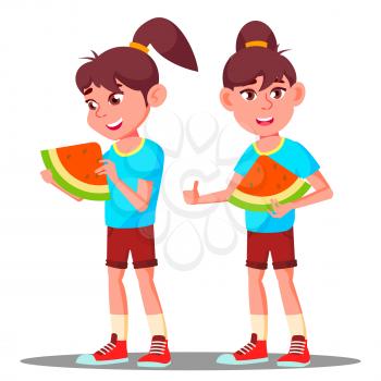 Little Girl Eating A Large Slice Of Watermelon Vector. Illustration