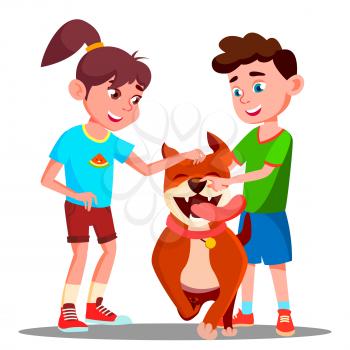 Two Children Petting A Happy Dog Vector. Illustration