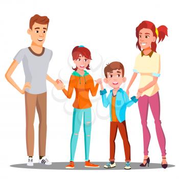 Happy Child Holding Hands With Parents Vector. Illustration