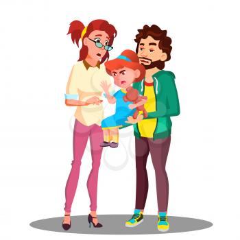 Mother And Father Calming Down A Little Crying Child Vector. Illustration