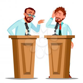Two Talking Doctor Argue Behind The Tribune With Microphone At Conference Vector. Isolated Illustration