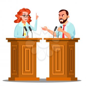 Two Doctor Argue Behind The Tribune With Microphone At Conference Vector. Isolated Illustration