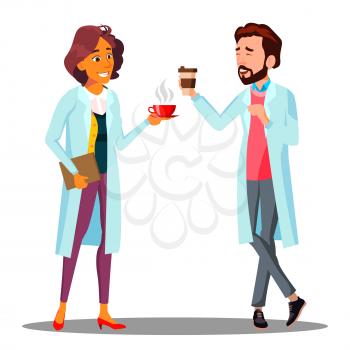 Doctor Man, Woman Holding A Glass Of Coffee In Hand, Coffee Break Vector. Isolated Illustration
