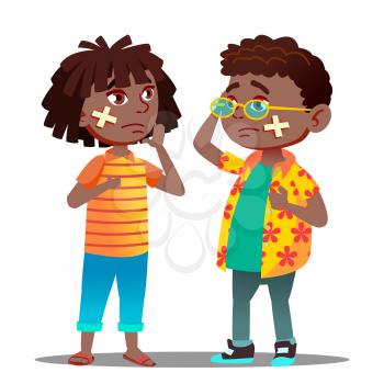 Sad Black Afro American Child Girl, Boy With Cross With Scratch And Cross Medical Patch On Cheek Vector. Isolated Illustration