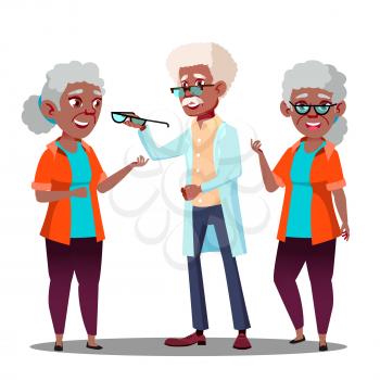 Black Afro American Oculist Doctor Giving Glasses To Old Woman Patient With Vision Problem Vector. Isolated Illustration