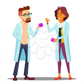 Doctor Holding Condom Packaging, Sex Education At School Vector. Isolated Illustration