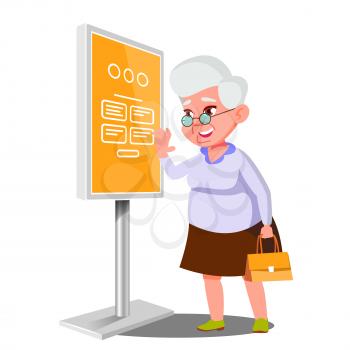 Old Woman Using ATM, Digital Terminal Vector. Showcasing Information, Advertising. Isolated Flat Cartoon Illustration
