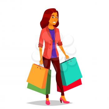 Shopping Woman Vector. Purchasing Concept. Shopping Day. Holding Paper Packages. Business Isolated Cartoon Illustration