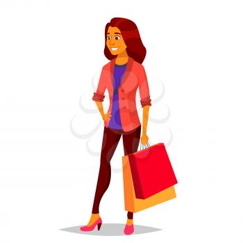 Shopping Woman Vector. Purchasing Concept. Store. Happy Shopper. Groceries In Shop, Supermarket. Holding Paper Packages. Business Isolated Cartoon Illustration