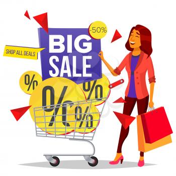 Shopping Woman Vector. Grocery Cart. Big Sale. Groceries In Shop, Supermarket. Holding Paper Packages. Store. Pleasure Of Purchase. Business Isolated Cartoon Illustration