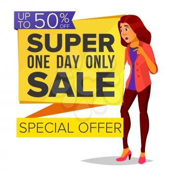 Shopping Woman Vector. Big Discount. Super Sale. Special Offer. Pleasure Of Purchase. Store. Surprised, Shocked. Joyful Female Business Isolated Illustration