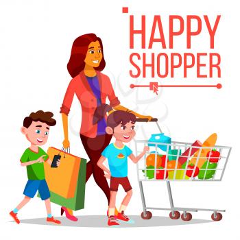Shopping Woman Vector. With Children. Purchasing Concept. Happy Shopper. Smiling Girl. Holding Paper Packages. Joyful Female. Grocery Cart. Business Isolated Illustration