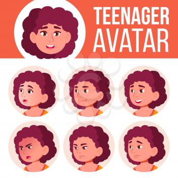 Fat Teen Girl Avatar Set Vector. Face Emotions. Child. Friendly. Head Illustration
