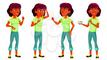 Teen Girl Poses Set Vector. Indian, Hindu. Asian. Pretty, Youth. For Postcard, Announcement Cover Design Isolated Illustration