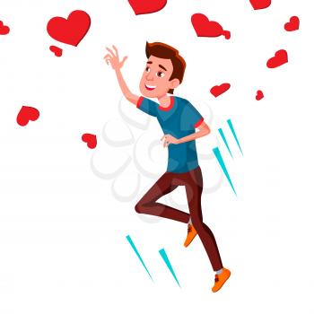 Teen Guy Catching Flying Hearts Vector. Isolated Illustration