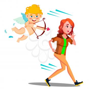 Frightened Teen Girl Running From Valentine s Day Cupid Vector. Isolated Illustration