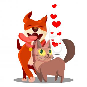 Cat With Dog In Love With Flying Hearts Vector. Isolated Illustration