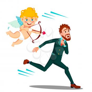 Frightened Man Running From Valentine s Day Cupid Vector. Isolated Illustration