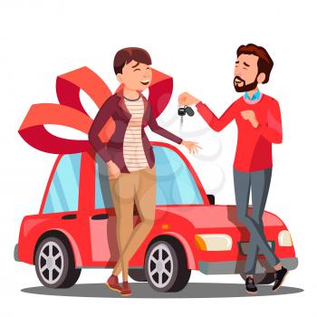 Man Giving Woman Keys Of Red Car Vector. Present, Gift. Isolated Illustration
