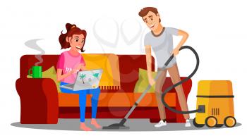 Woman Sitting On Sofa With Book, Man Vacuuming Floor Vector. Isolated Illustration