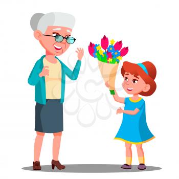 Little Girl Giving Flowers To Grandmother Vector. Isolated Illustration
