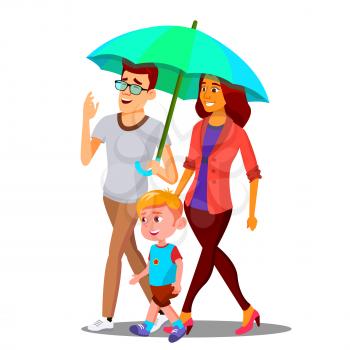 Parents In The Rain Holding An Umbrella Over Child Vector. Isolated Illustration