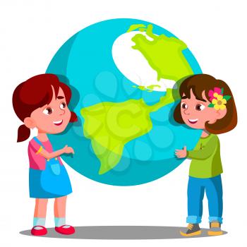 Two Girls Child Holding The Earth Vector. Isolated Illustration