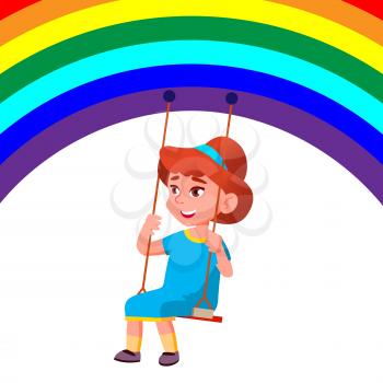 Little Child Girl Swinging On A Swing From The Rainbow Vector. Isolated Illustration