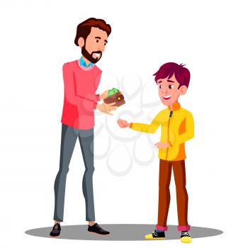 Father Gives Money From His Purse To His Son Vector. Illustration