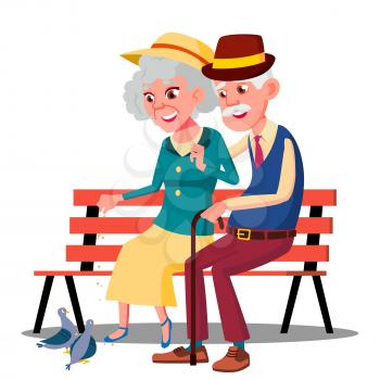 Senior Age Family Couple Sitting On A Bench And Talking Vector. Illustration