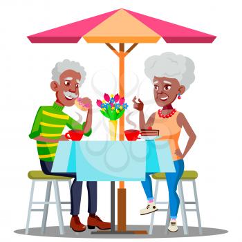 Happy Elderly Couple In Cafe At A Table Drinking Coffee Together Vector. Illustration