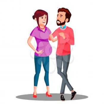 Young Family Couple, Man Takes Care Of A Pregnant Wife Vector. Illustration
